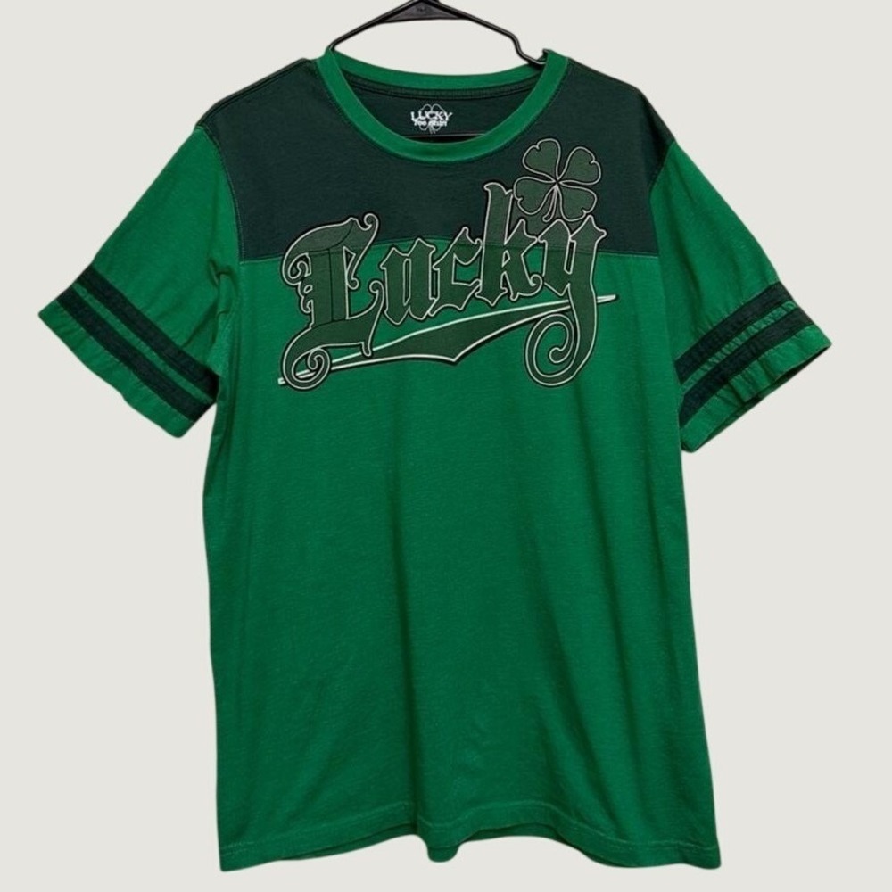 Lucky Brand Mens XL St Patricks Day Green Colorblock Graphic Tee Shirt Clover